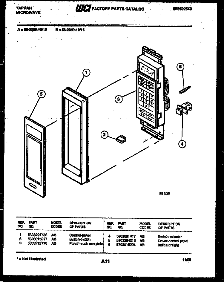 CONTROL PANEL Diagram and Parts List for 56-2359-10-16  Tappan Microwave