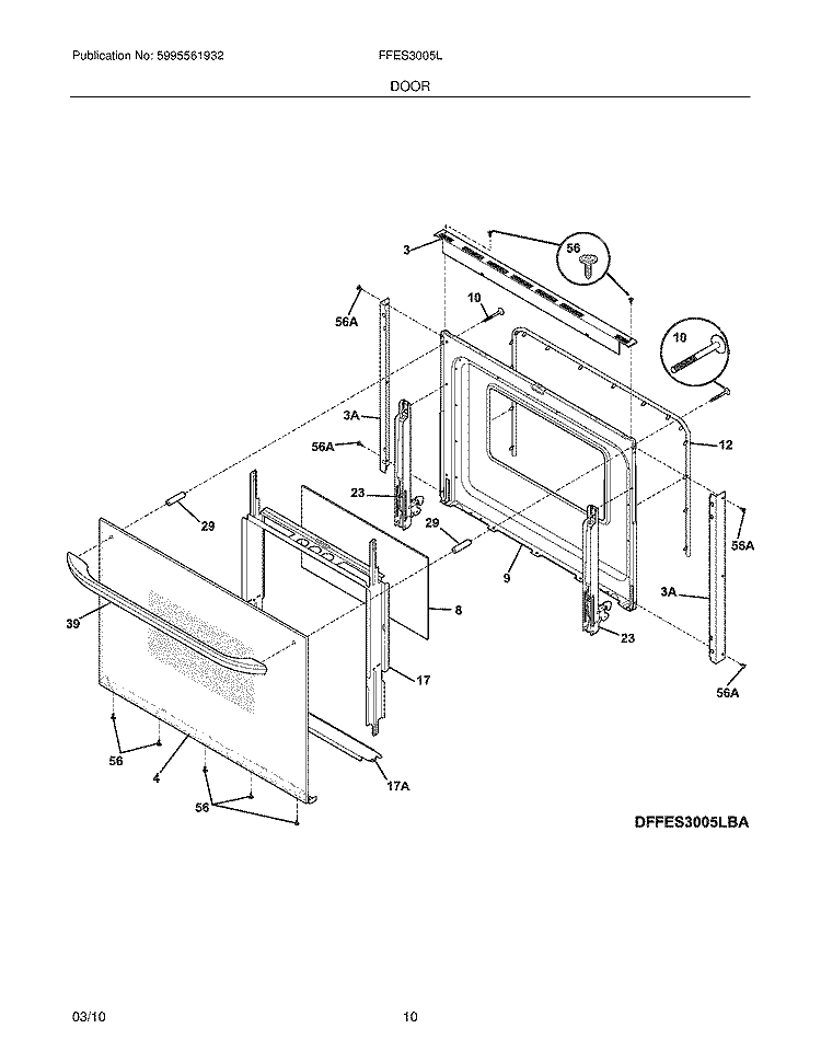 DOOR Diagram and Parts List for FFES3005LWA  Frigidaire Range