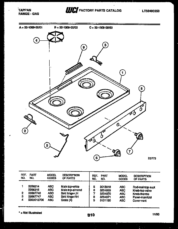 COOKTOP PARTS Diagram and Parts List for 32-1009-23-02  Tappan Range