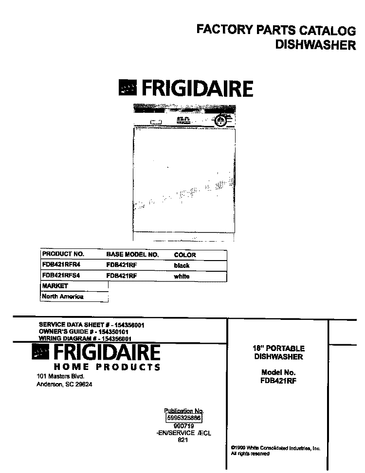 COVER Diagram and Parts List for FDB421RFR4  Frigidaire Dishwasher