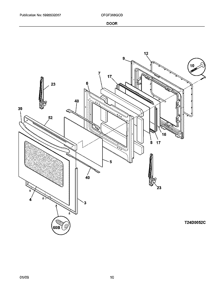 DOOR Diagram and Parts List for CFGF368GCD  Frigidaire Range