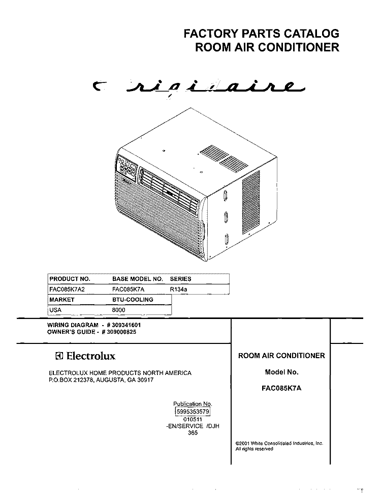 COVER Diagram and Parts List for FAC085K7A2  Frigidaire Air Conditioner