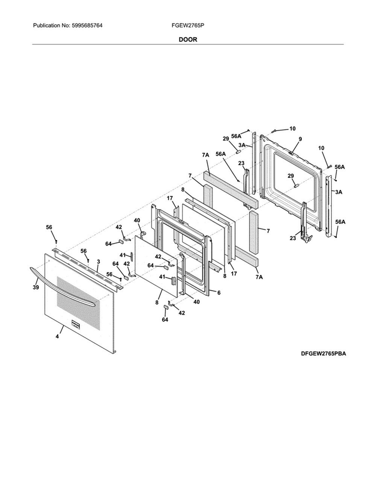 Door Diagram and Parts List for FGEW2765PWE  Frigidaire Wall Oven