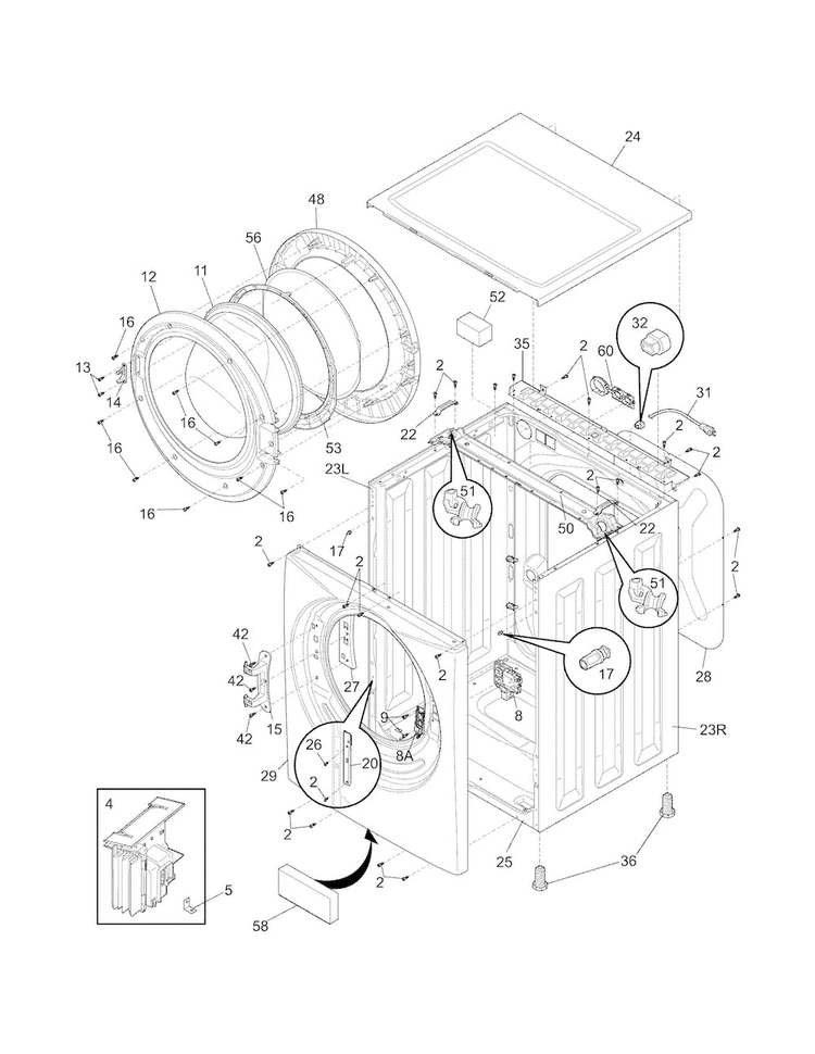 Cabinet/top Diagram and Parts List for FAFW3001LW3  Frigidaire Washer