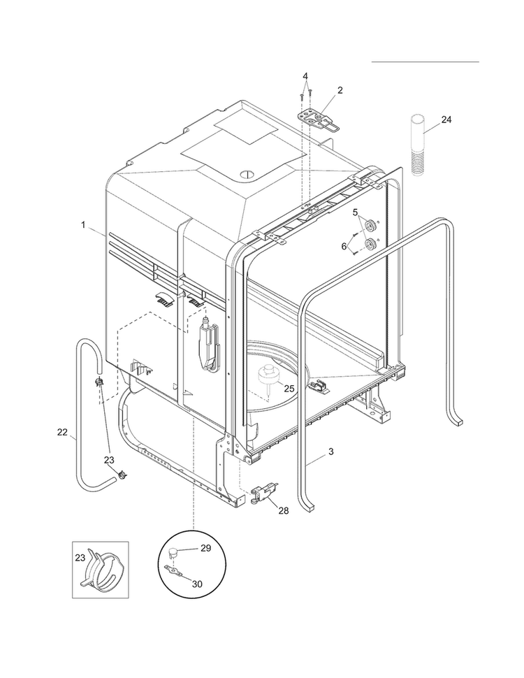 Tub Diagram and Parts List for FDB520RHB3  Frigidaire Dishwasher