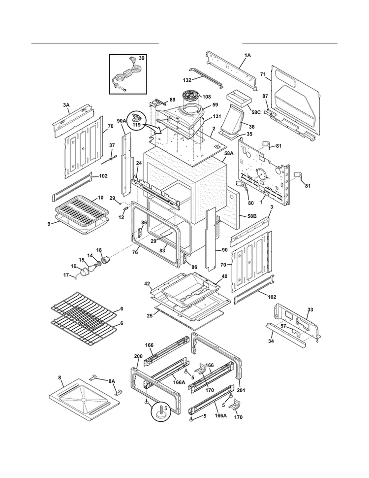 Body Diagram and Parts List for FFGS3025LBE  Frigidaire Range