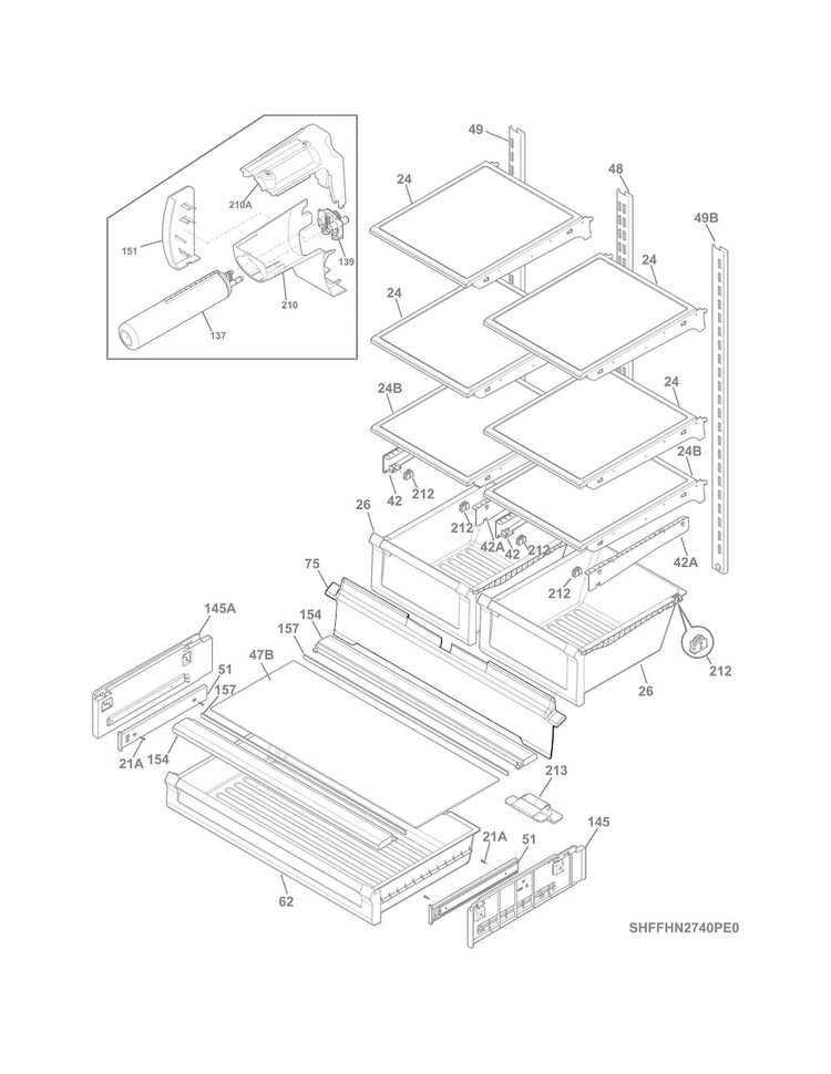 Shelves Diagram and Parts List for FFHN2740PE2A  Frigidaire Refrigerator