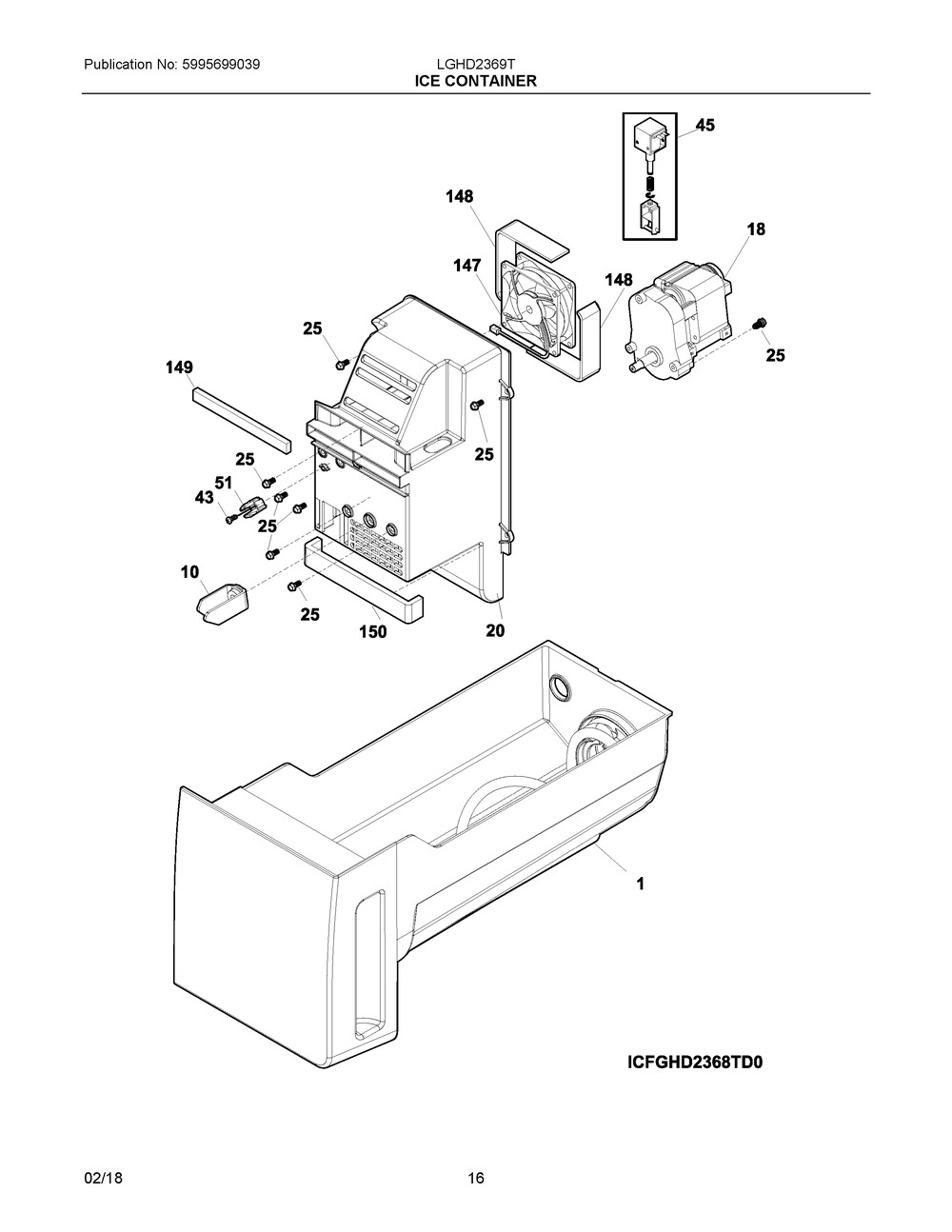 Ice Container Diagram and Parts List for LGHD2369TD3  Frigidaire Refrigerator