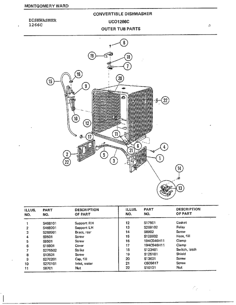 Outer Tub Parts Diagram and Parts List for 1266C  Frigidaire Dishwasher