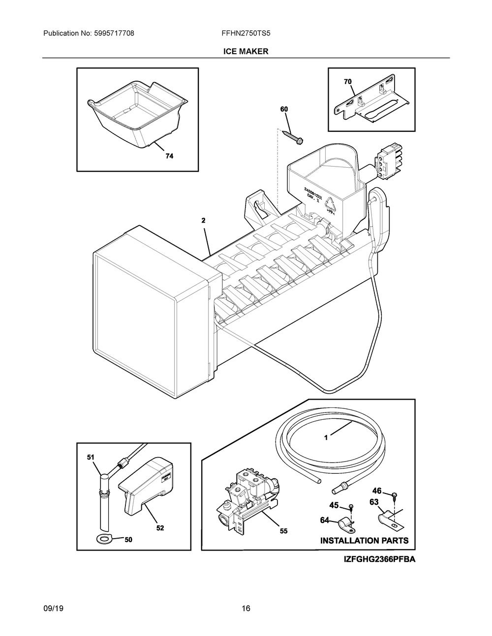 Ice Maker Diagram and Parts List for FFHN2750TS5  Frigidaire Refrigerator
