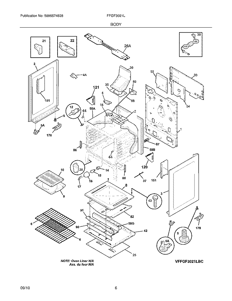BODY Diagram and Parts List for FFGF3021LBC  Frigidaire Range