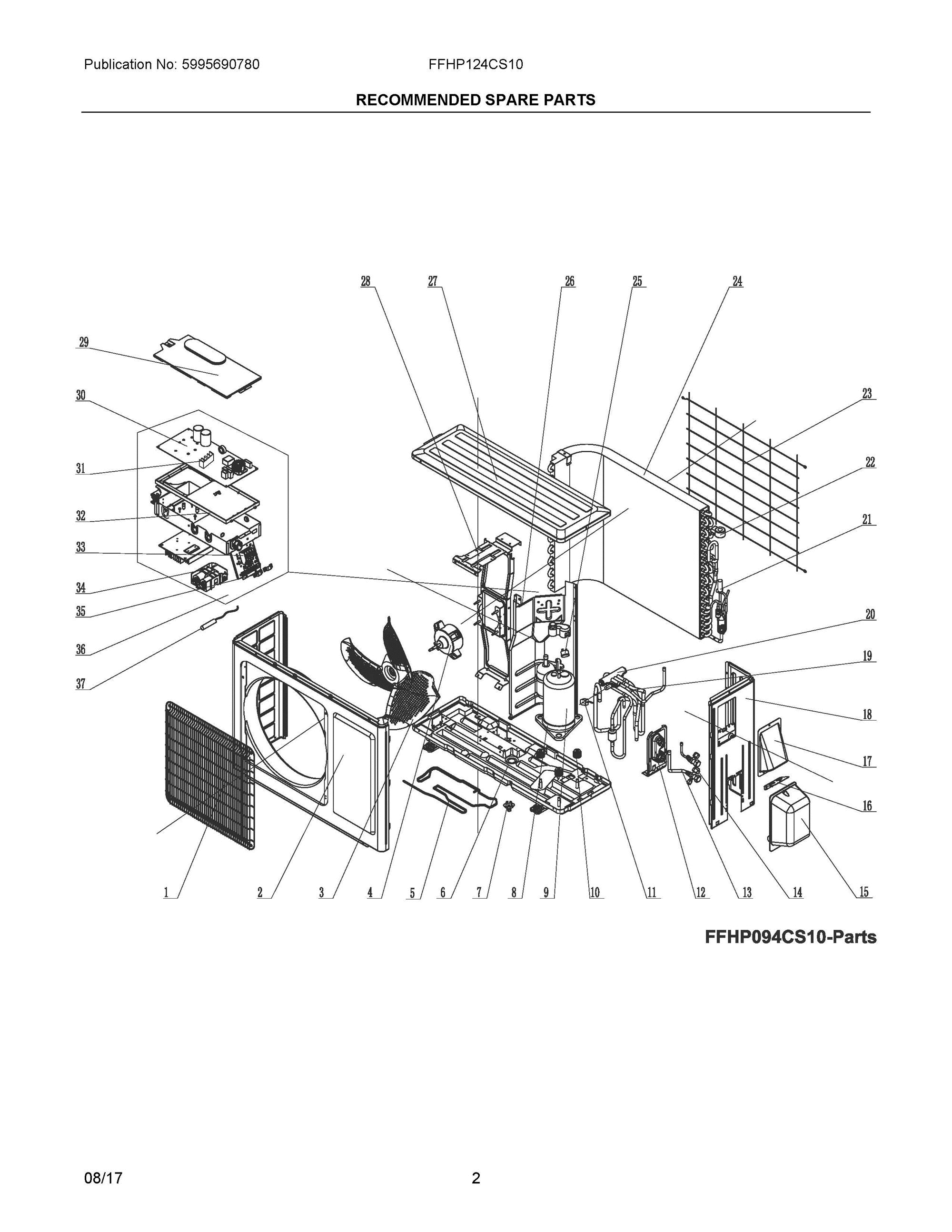 02 - RECOMMENDED SPARE PARTS Diagram and Parts List for FFHP124CS10  Frigidaire Air Conditioner
