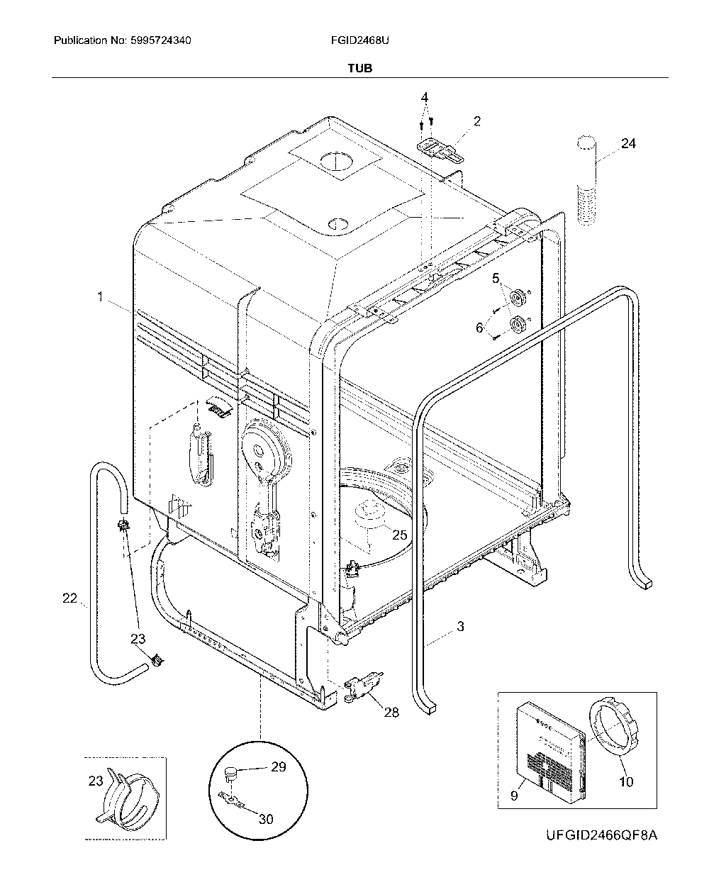 Tub Diagram and Parts List for FGID2468UF2A  Frigidaire Dishwasher