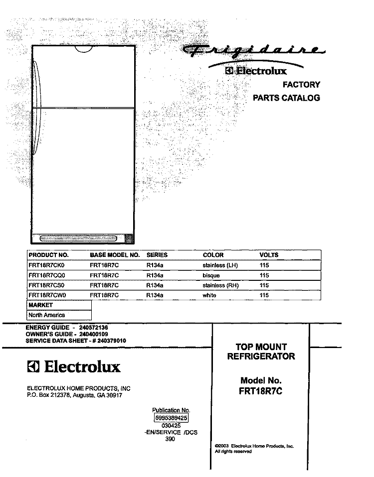 COVER Diagram and Parts List for FRT18R7CQ0  Frigidaire Refrigerator