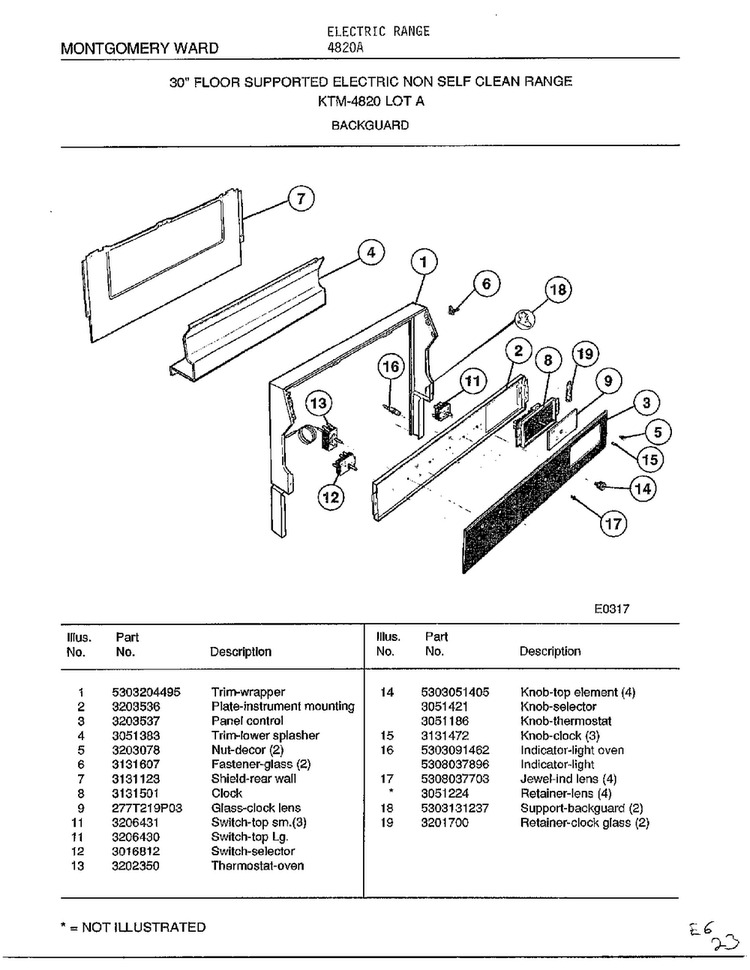 Backguard Diagram and Parts List for 4820A  Frigidaire Range