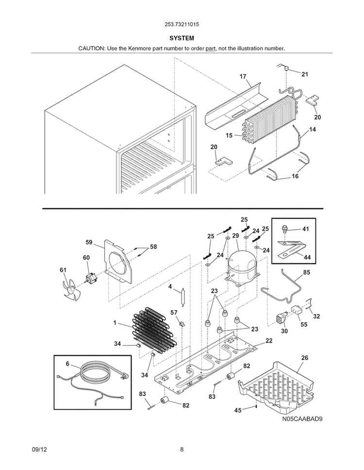 System Diagram and Parts List for 25373211015  Kenmore Refrigerator