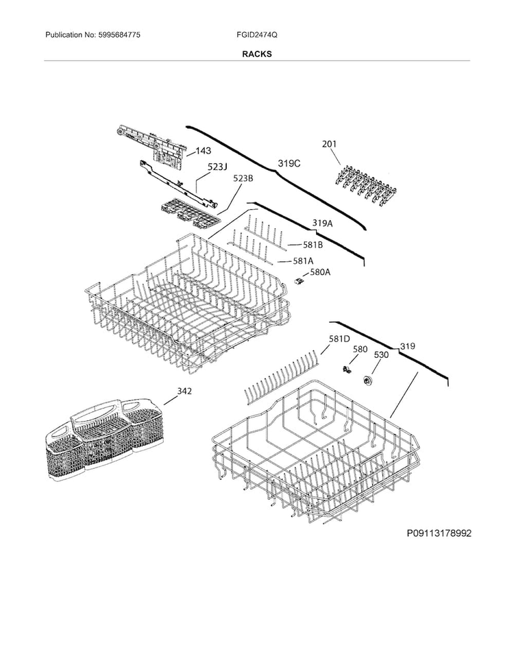 Racks Diagram and Parts List for FGID2474QF6B  Frigidaire Dishwasher