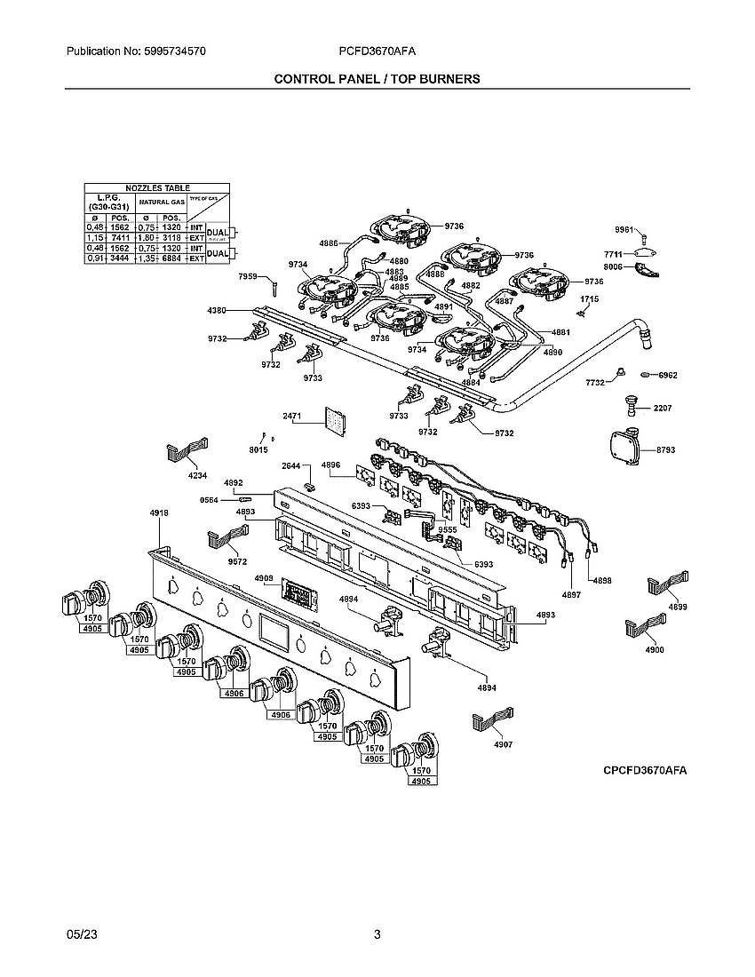 Control Panel/Top Burners Diagram and Parts List for PCFD3670AFA  Frigidaire Range