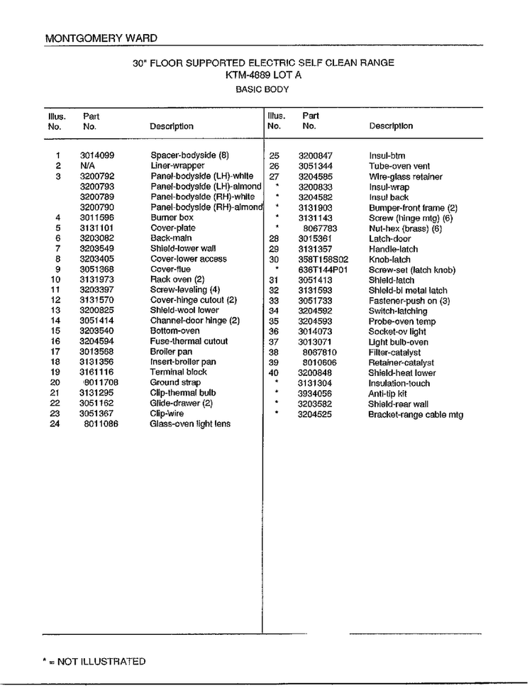 Basic Body Page 2 Diagram and Parts List for 4889A  Frigidaire Range