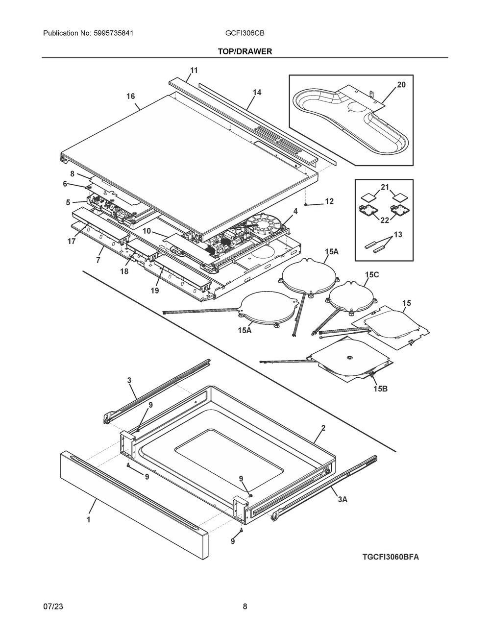 Top/Drawer Diagram and Parts List for GCFI306CBFA  Frigidaire Range