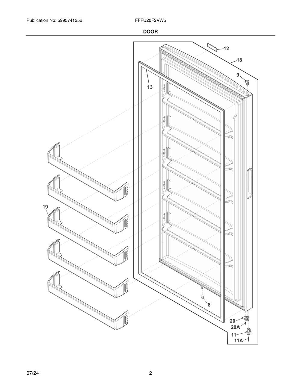 Door Diagram and Parts List for FFFU20F2VW5  Frigidaire Freezer