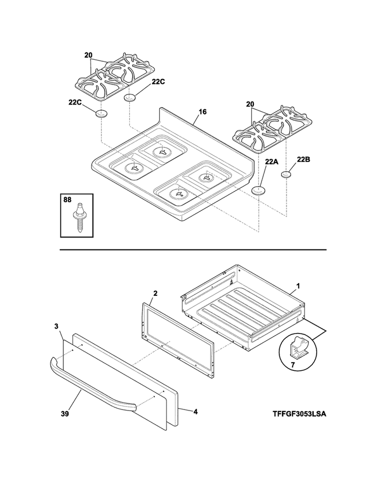 Top/drawer Diagram and Parts List for LFGF3053QFA  Frigidaire Range