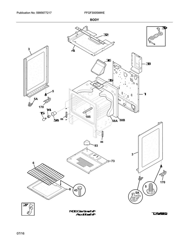 Body Diagram and Parts List for FFGF3005MWE  Frigidaire Range