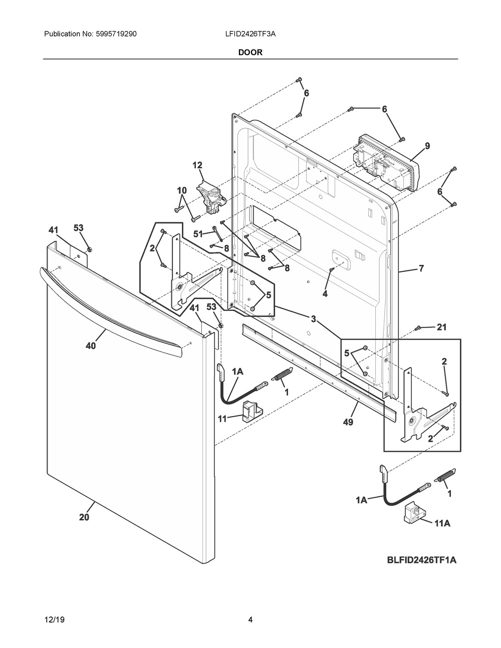 Door Diagram and Parts List for LFID2426TF3A  Frigidaire Dishwasher