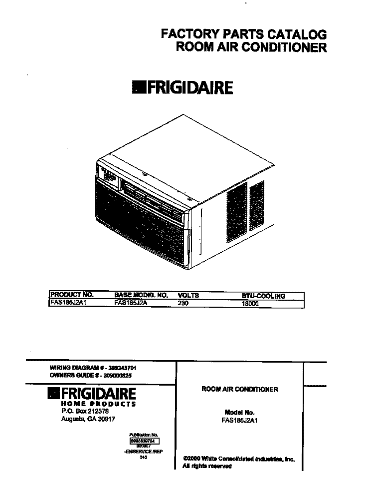 COVER Diagram and Parts List for FAS185J2A1  Frigidaire Air Conditioner