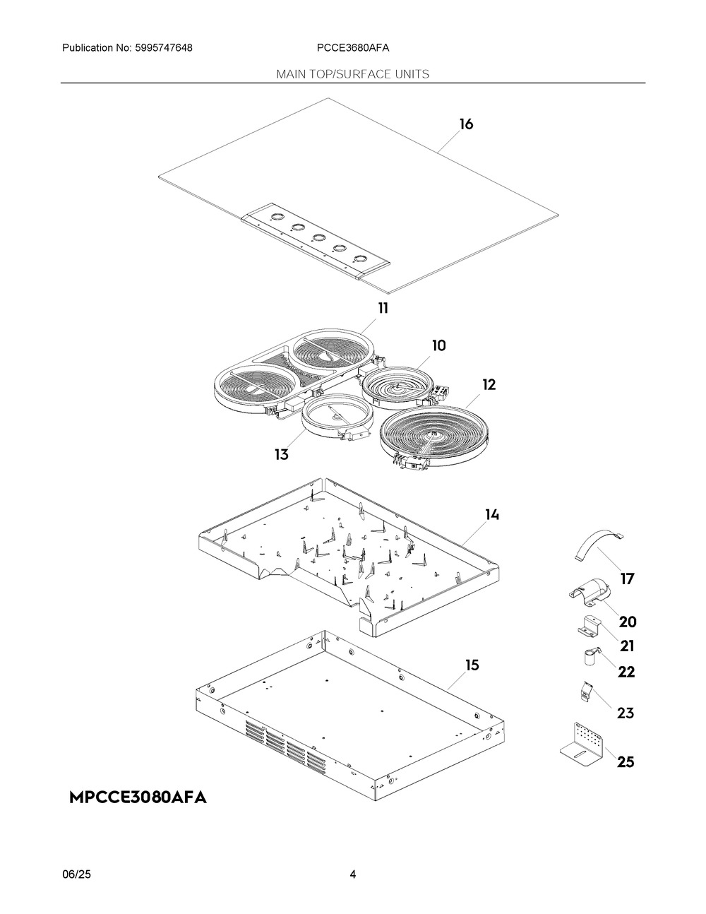 Main Top/Surface Units Diagram and Parts List for PCCE3680AFA  Frigidaire Cooktop
