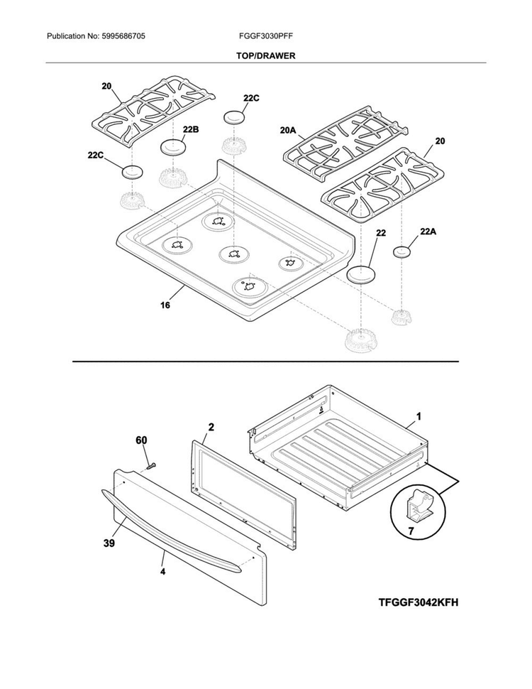 Top/drawer Diagram and Parts List for FGGF3030PFF  Frigidaire Range