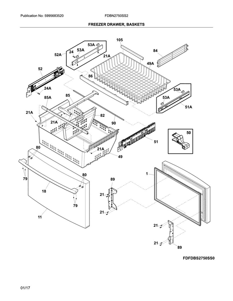 Freezer Drawer, Baskets Diagram and Parts List for FDBN2750SS2  Frigidaire Refrigerator