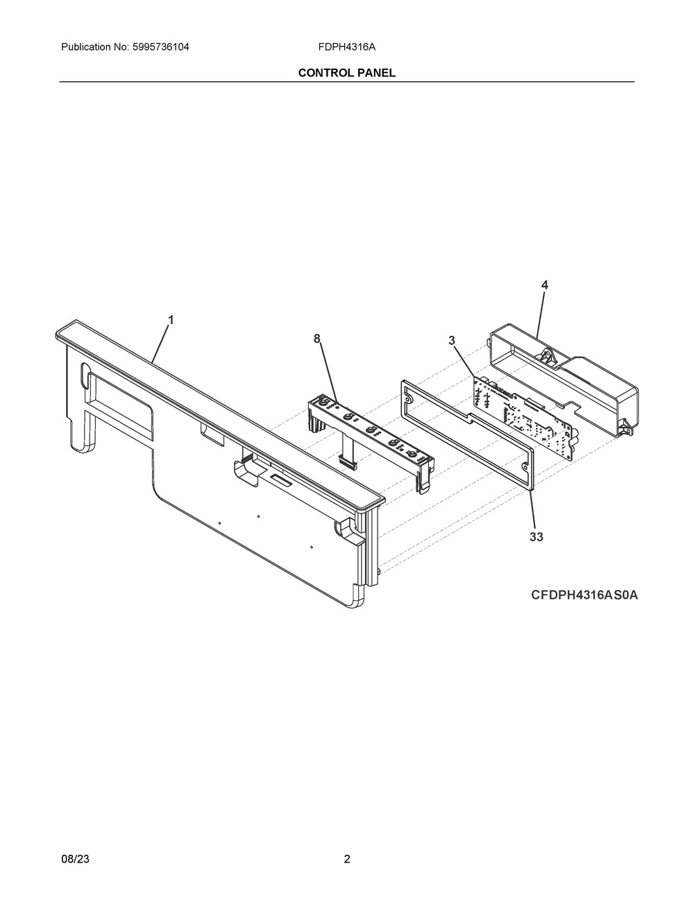 Control Panel Diagram and Parts List for FDPH4316AB0A  Frigidaire Dishwasher