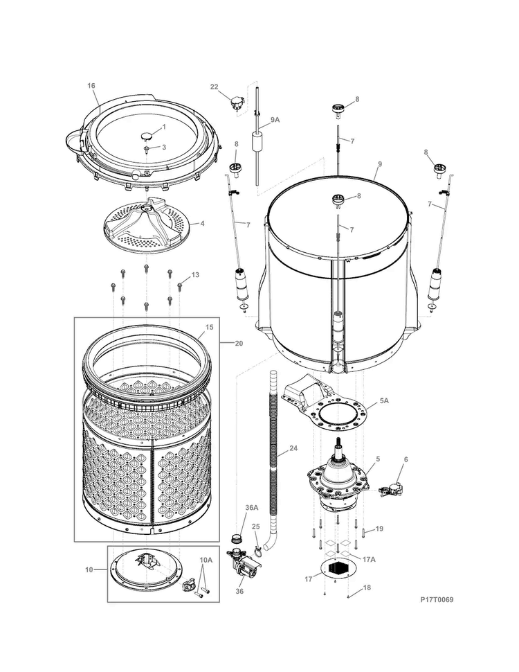 Motor/tub Diagram and Parts List for 41761723510  Kenmore Washer Dryer Combo
