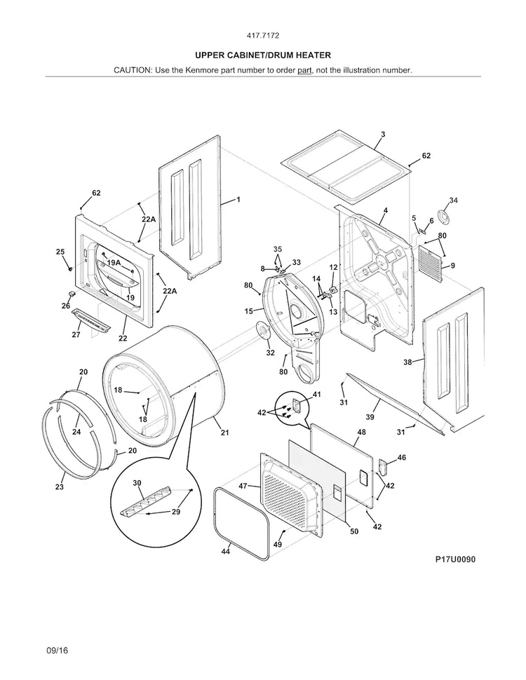 Upper Cabinet/drum Heater Diagram and Parts List for 41771722511  Kenmore Washer Dryer Combo