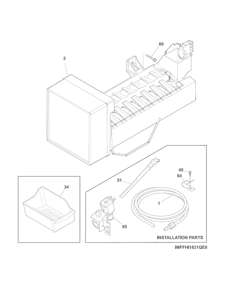 Ice Maker Diagram and Parts List for FGHI2164QP0  Frigidaire Refrigerator