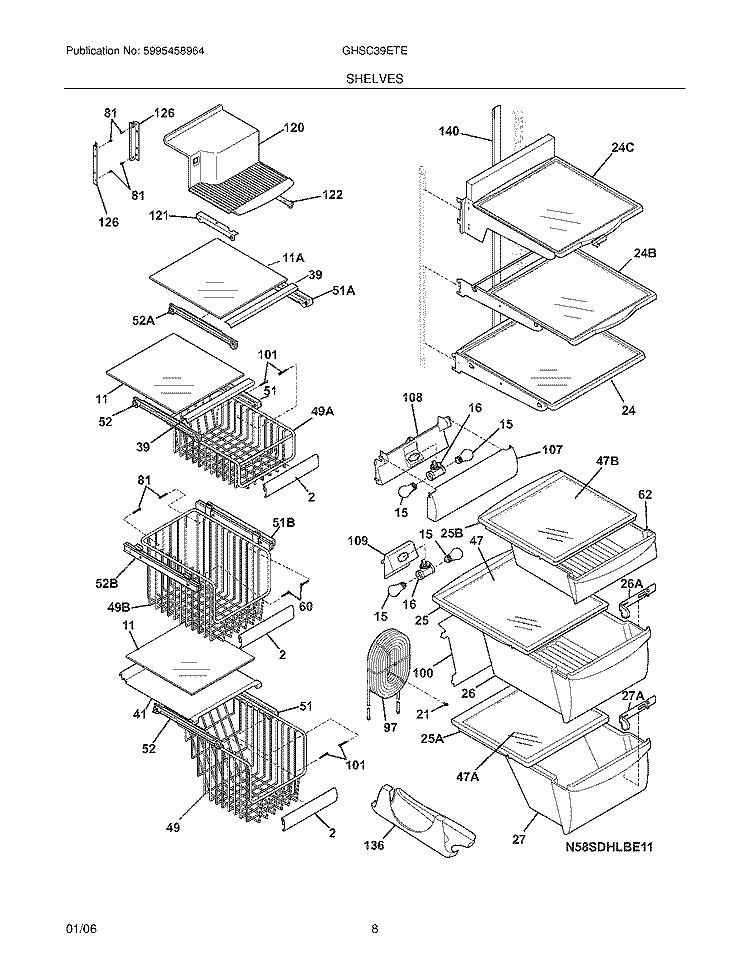 SHELVES Diagram and Parts List for GHSC39ETEB0  Frigidaire Refrigerator
