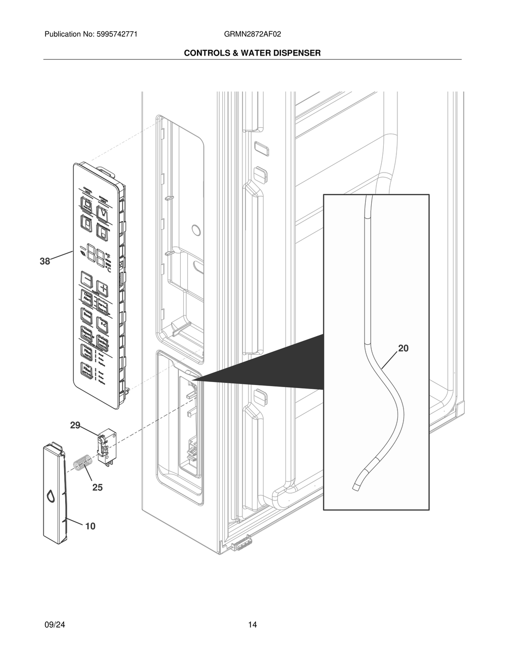 Controls And Water Dispenser Diagram and Parts List for GRMN2872AF02  Frigidaire Refrigerator