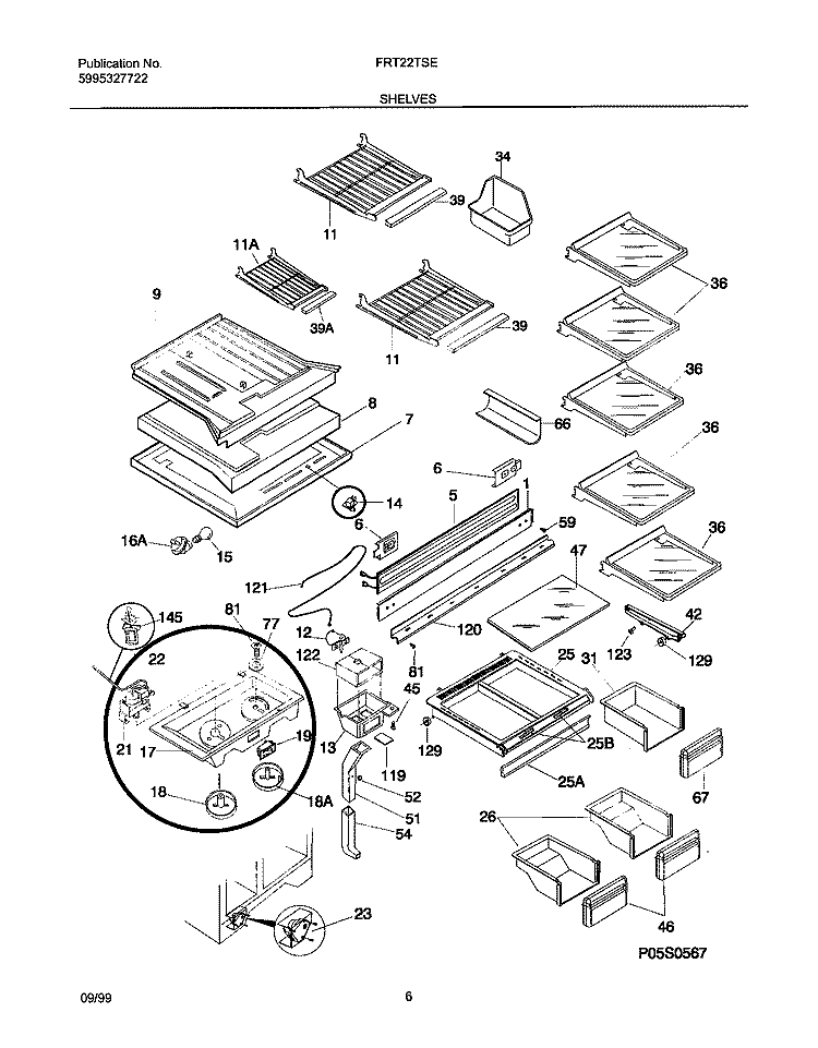 SHELVES Diagram and Parts List for FRT22TSEK5  Frigidaire Refrigerator