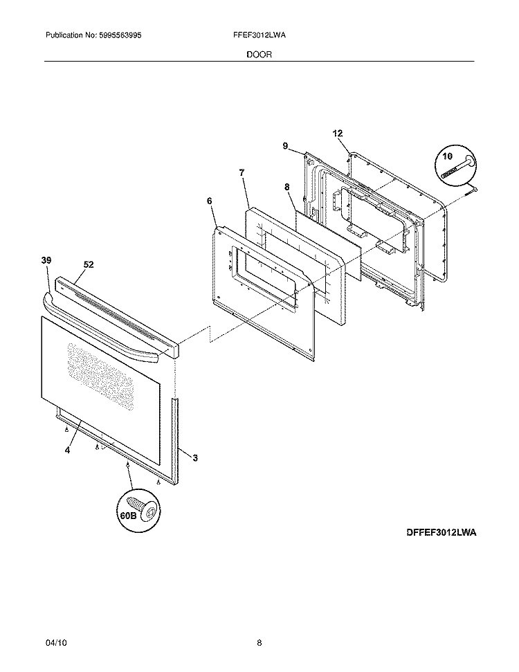 DOOR Diagram and Parts List for FFEF3012LWA  Frigidaire Range