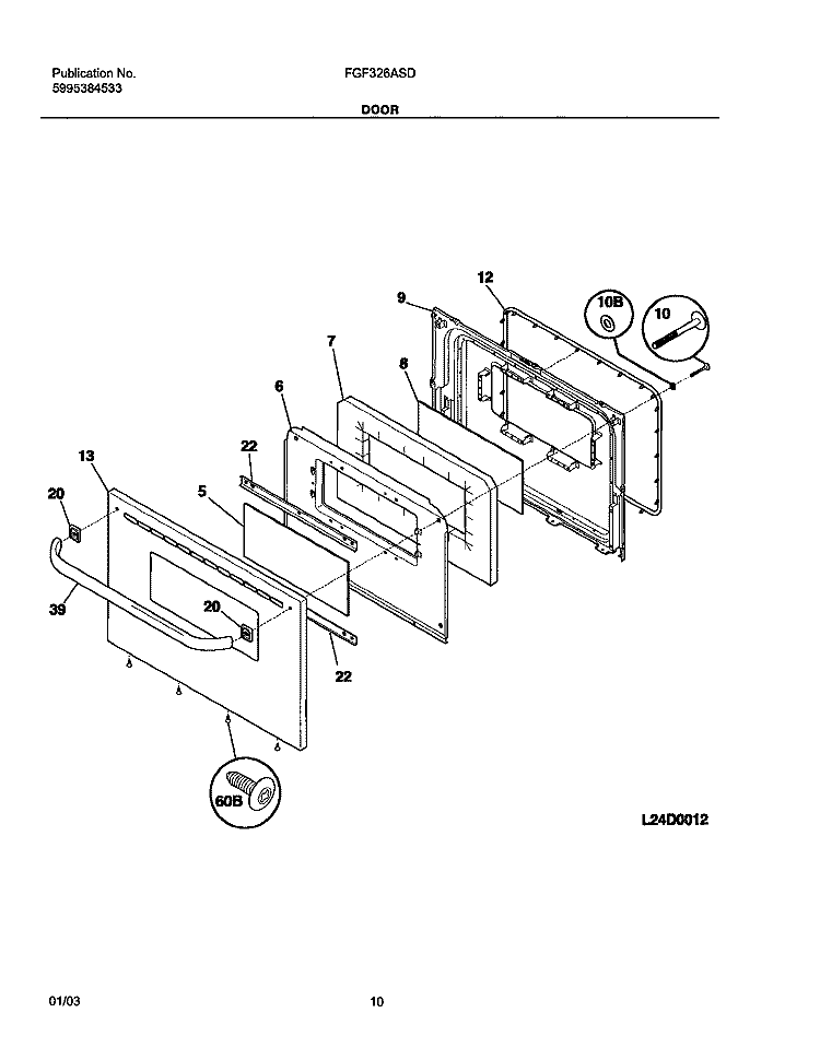 DOOR Diagram and Parts List for FGF326AUD  Frigidaire Range