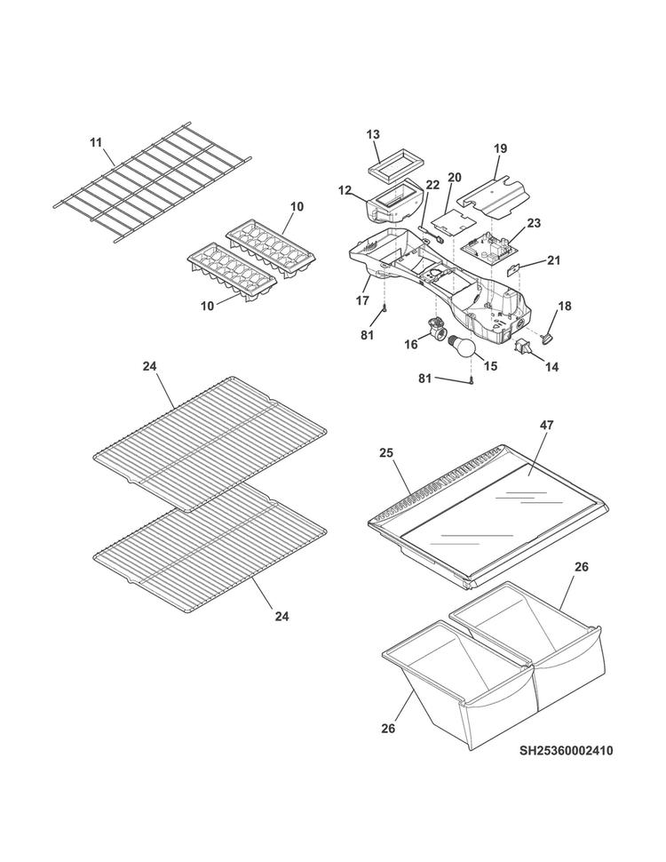 Shelves Diagram and Parts List for 25360002413  Kenmore Refrigerator