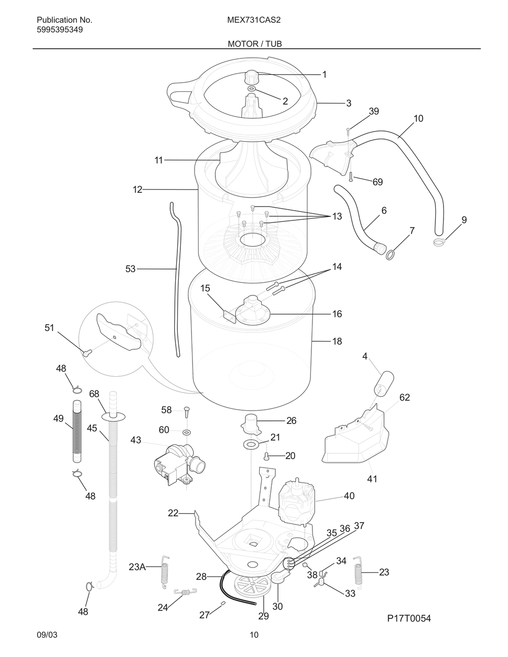Motor / Tub Diagram and Parts List for MEX731CAS2  Frigidaire Dryer