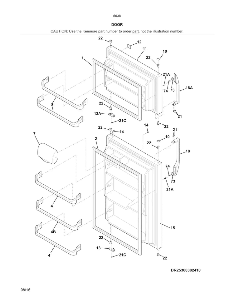 Doors Diagram and Parts List for 25360389413  Kenmore Refrigerator