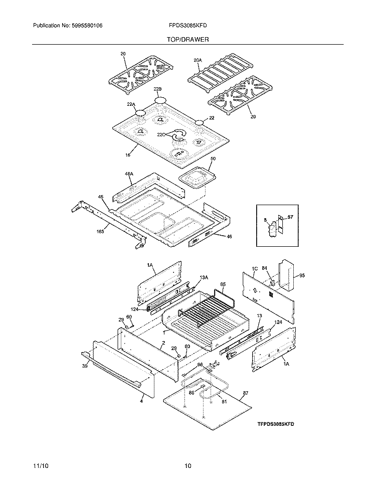 TOP/DRAWER Diagram and Parts List for FPDS3085KFD  Frigidaire Range