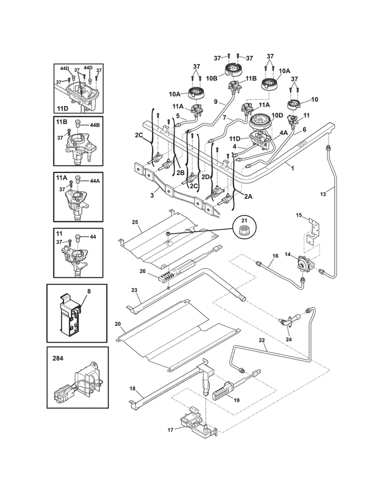 Burner Diagram and Parts List for EW30GF65GSM  Electrolux Range