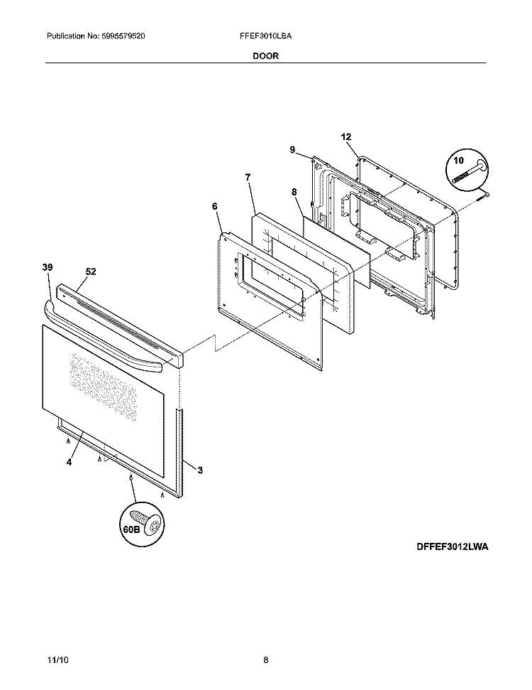 DOOR Diagram and Parts List for FFEF3010LBA  Frigidaire Range