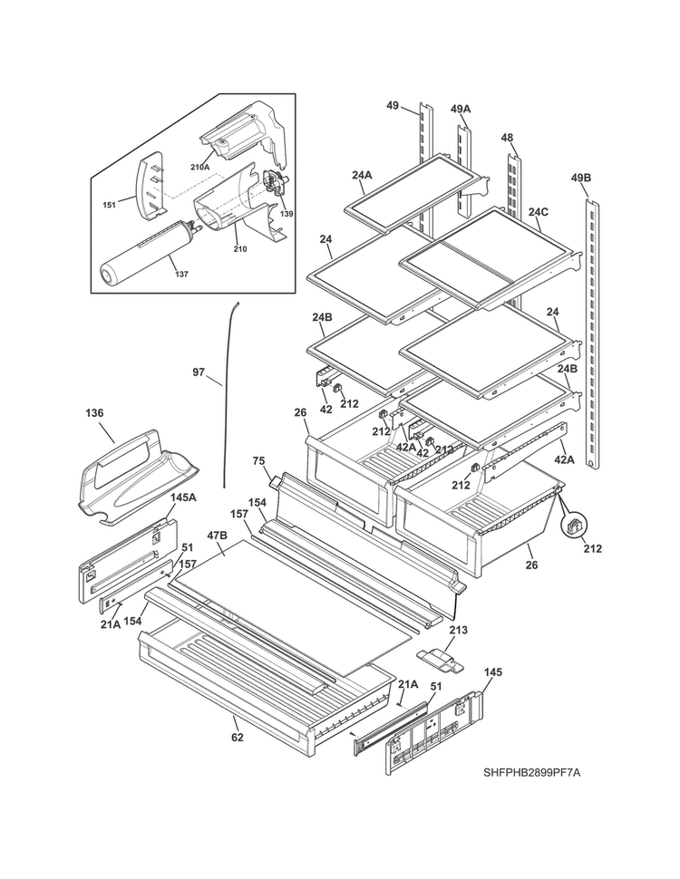 Shelves Diagram and Parts List for FPHB2899PF7A  Frigidaire Refrigerator