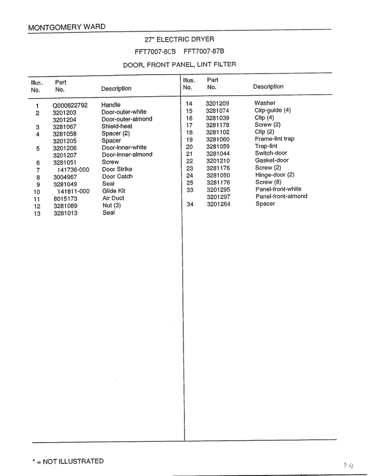 Door, Front Panel, Lint Filter Page 2 Diagram and Parts List for 7007B  Frigidaire Dryer