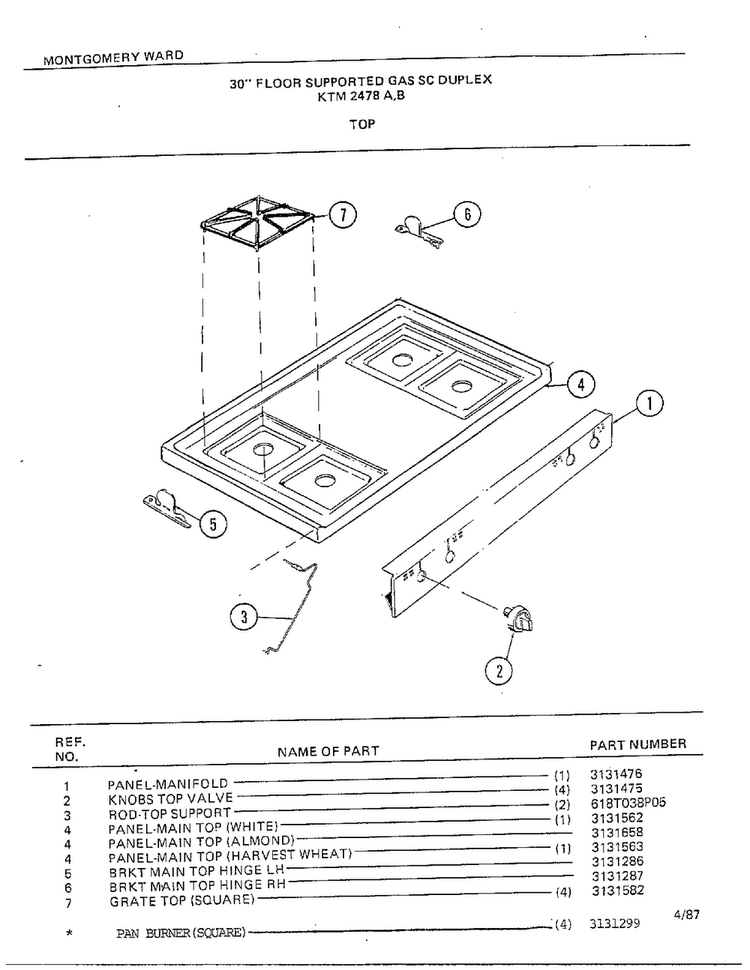 30" Floor/top Diagram and Parts List for 2478A  Frigidaire Range